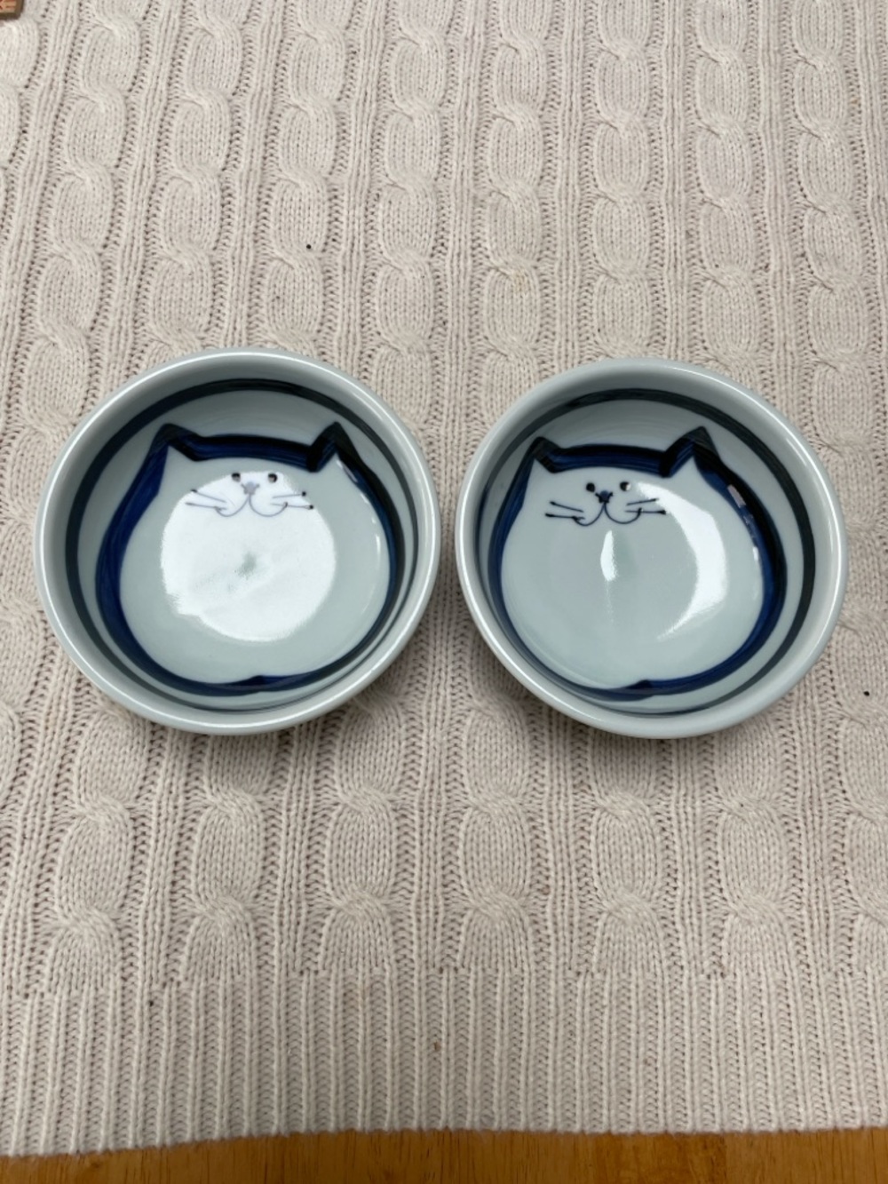 Ceramic Cat Face Pet Bowls set of 2 food/water- Cobalt Blue and White Japanese